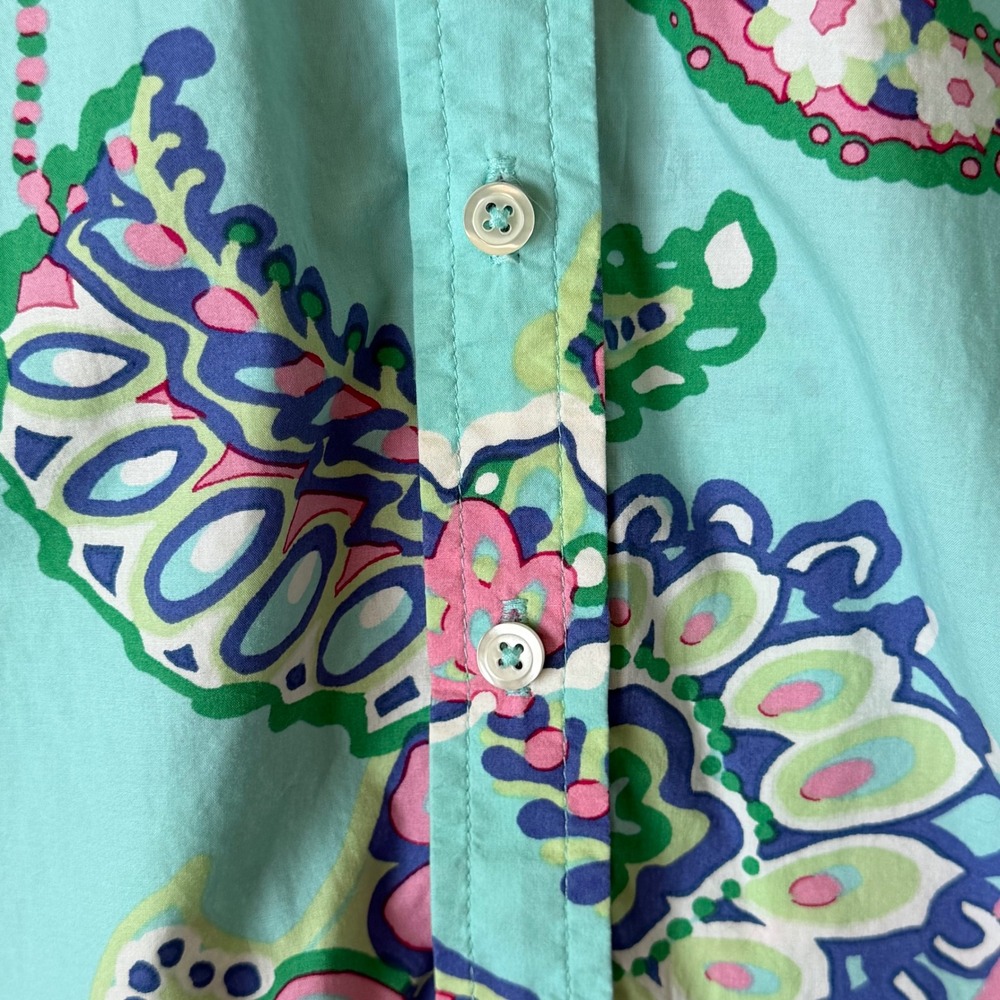 Talbots Button Up Blouse Shirt XS Teal Paisley Long Sleeve 100% Cotton Coastal - Picture 5 of 10
